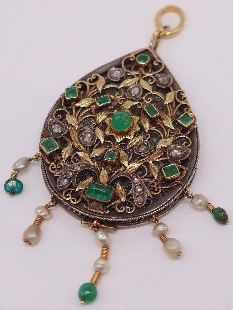 Appraisal: JEWELRY Emerald Diamond and Pearl Pendant Possibly antique Spanish oversized