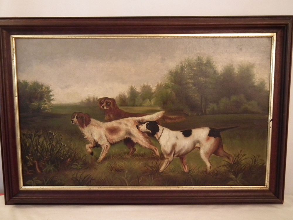 Appraisal: ANTIQUE HUNTING DOGS PAINTING English th century oil on canvas