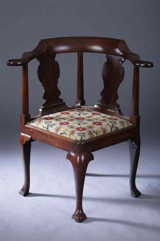 Appraisal: ENGLISH QUEEN ANNE STYLE MAHOGANY CORNER CHAIR Early th century