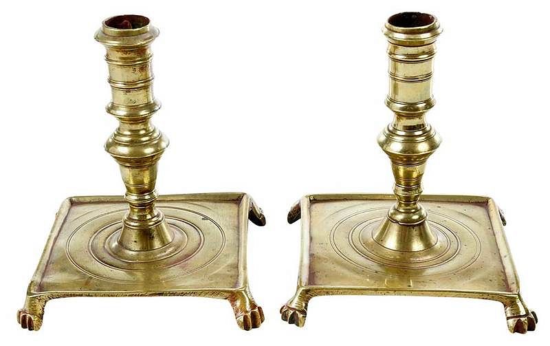 Appraisal: Pair Early Spanish Brass Candlesticks Spanish th th century elongated