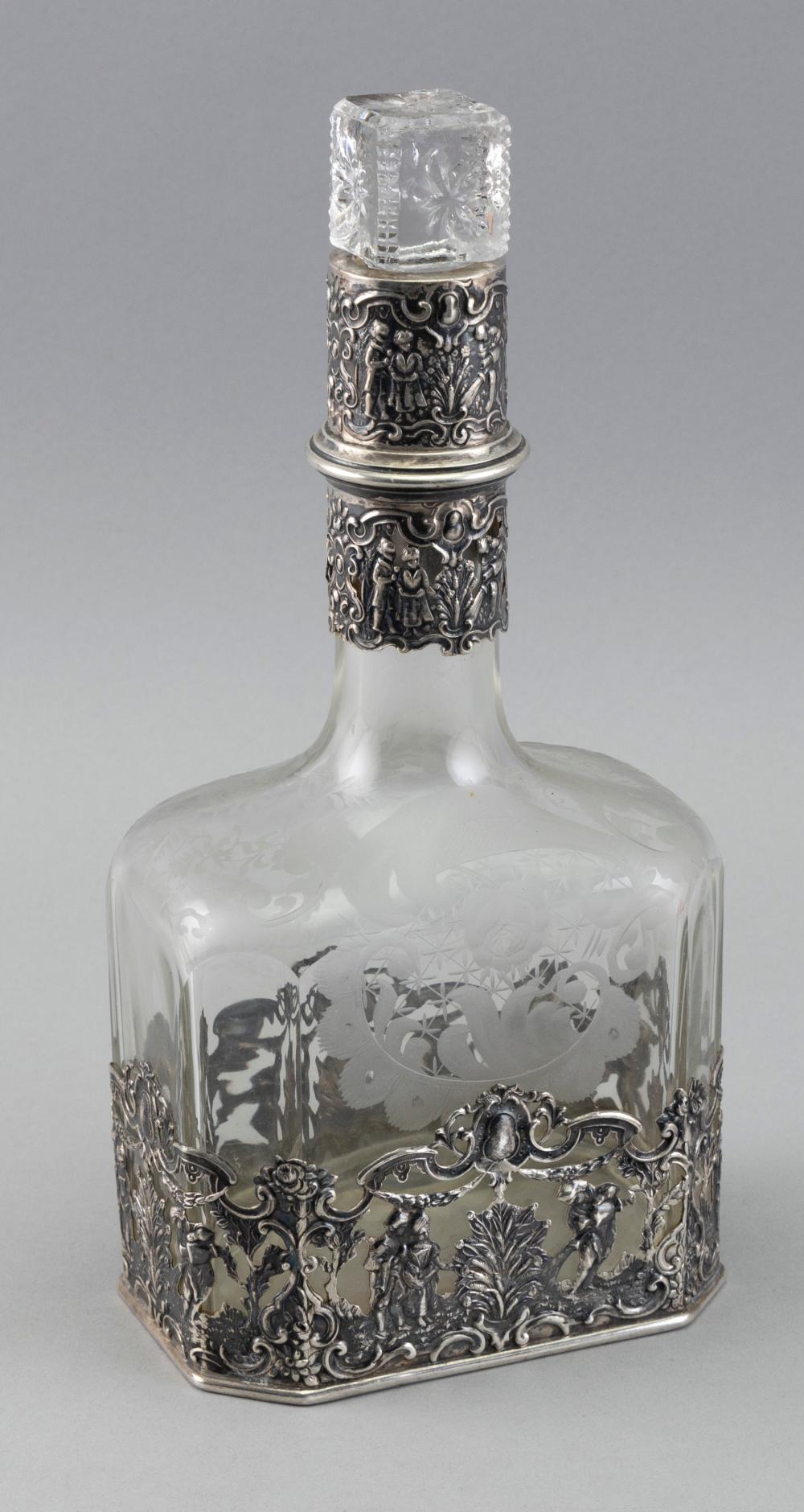 Appraisal: SILVER OVERLAY ETCHED GLASS DECANTER HANAU GERMANY LATE TH CENTURY