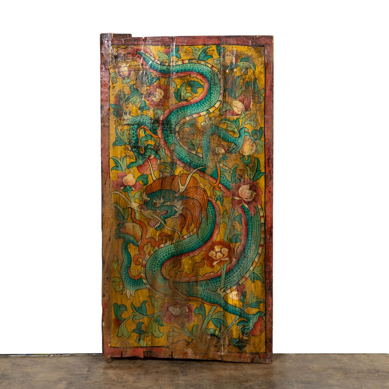 Appraisal: TIBETAN PAINTED WOOD DOOR WITH DRAGON Tibetan polychrome painted wood