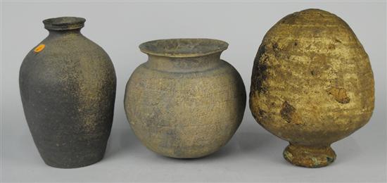 Appraisal: THREE KOREAN SILLAWARE POTTERY VESSELS one bears stamp mark height