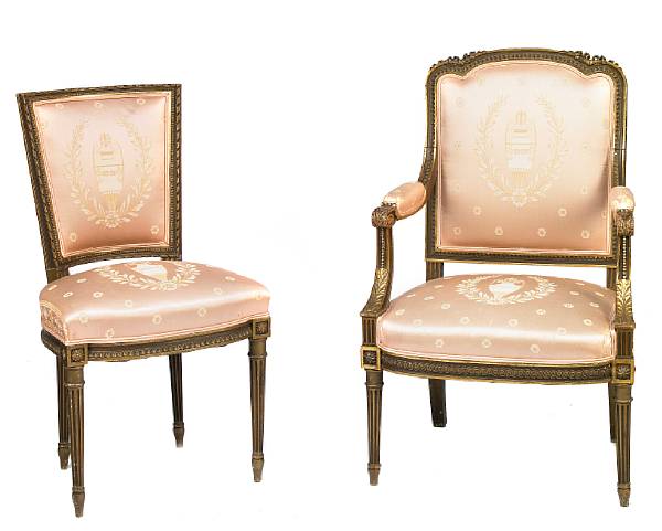 Appraisal: A pair of Louis XVI style parcel gilt fauteuils together