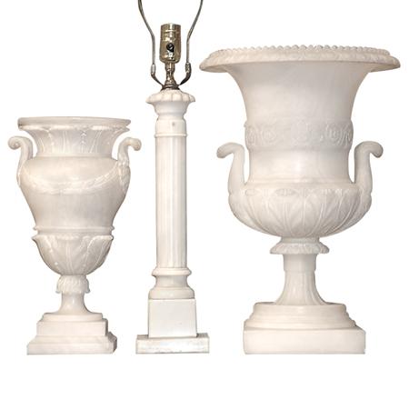 Appraisal: Two Neoclassical Style Alabaster Urns Together with an Alabaster Candlestick