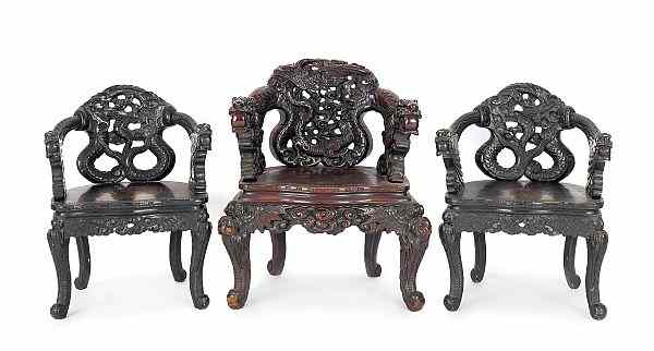 Appraisal: Chinese carved armchair together with a pair of Japanese armchairs