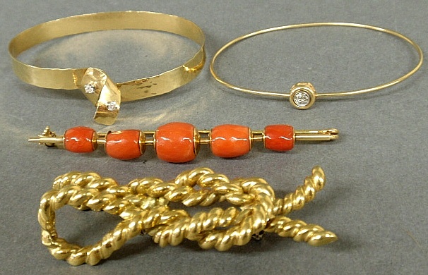 Appraisal: - Group of gold jewelry- two bangle bracelets one with