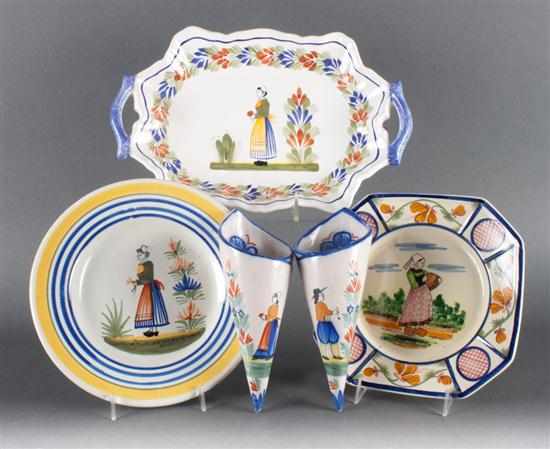 Appraisal: Four Henriot Quimper faience items including two-handled serving dish matching