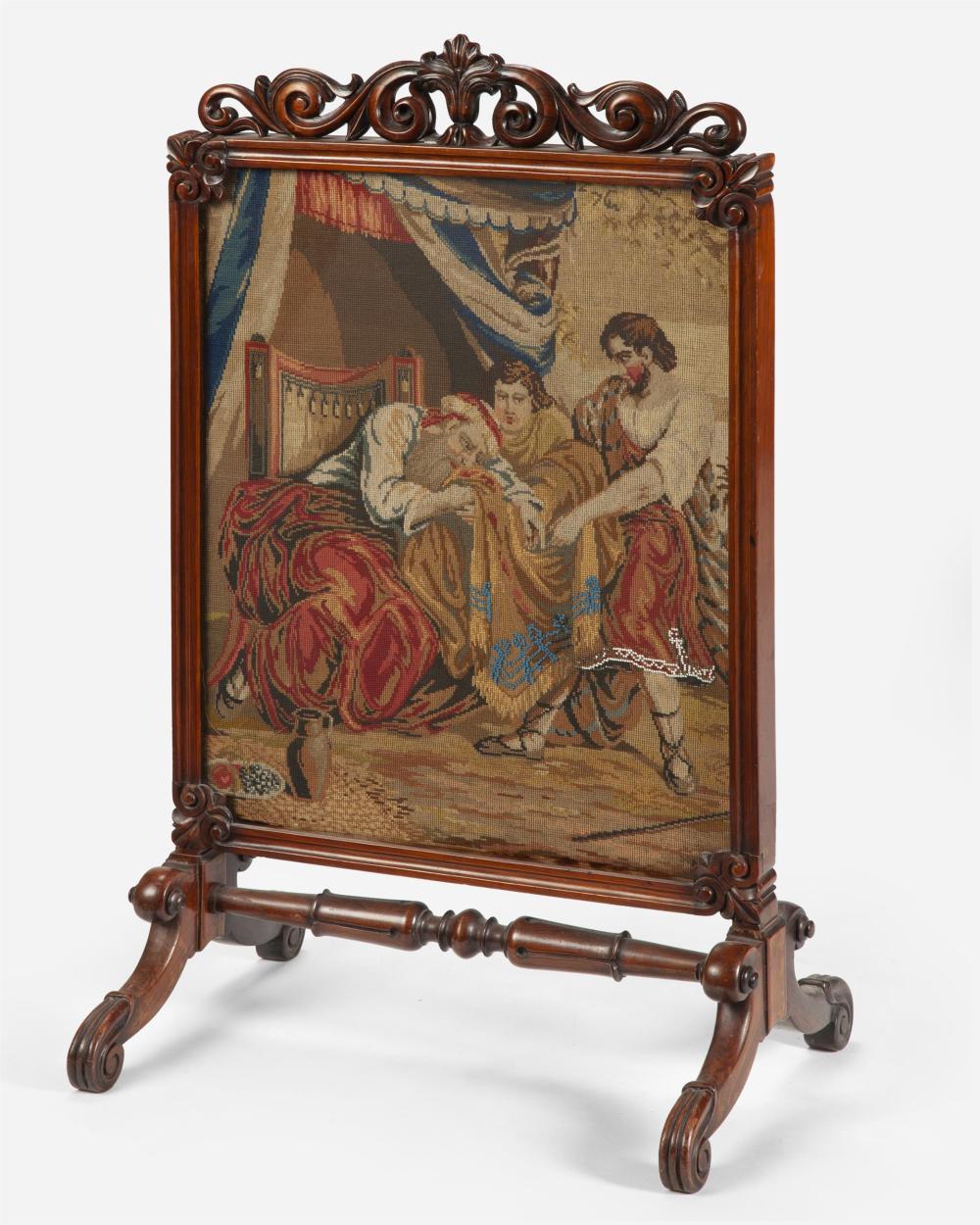 Appraisal: An English fire screen with figural petit point Mid- th