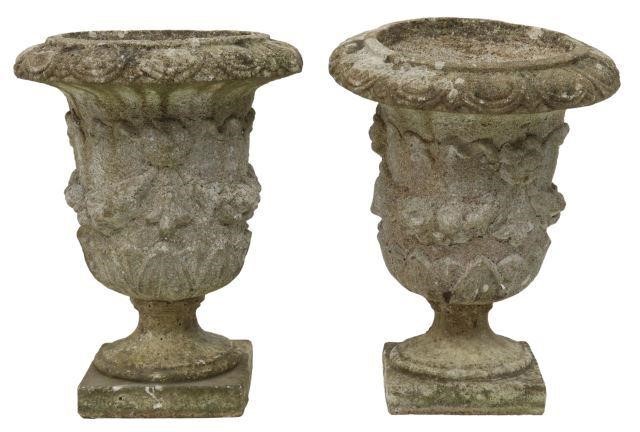 Appraisal: pair French cast stone campana-form garden urns having patterned rim