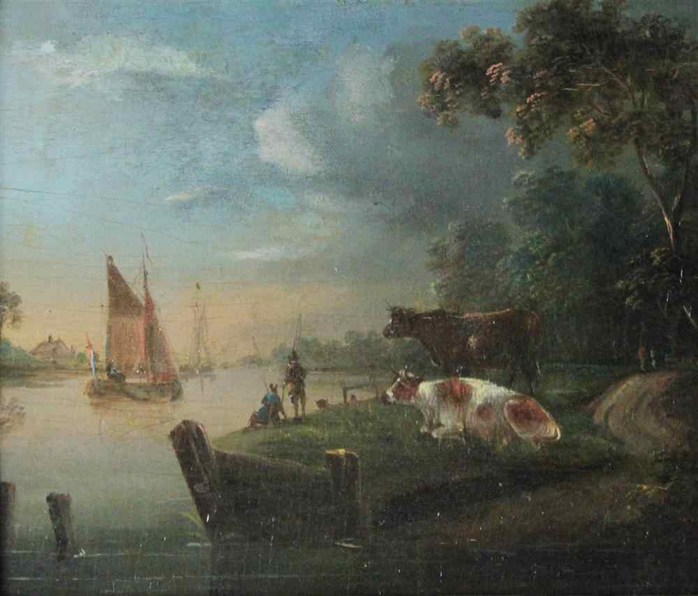 Appraisal: DUTCH SCHOOL TH TH CENTURY SHORE SCENE WITH CATTLE BOATS