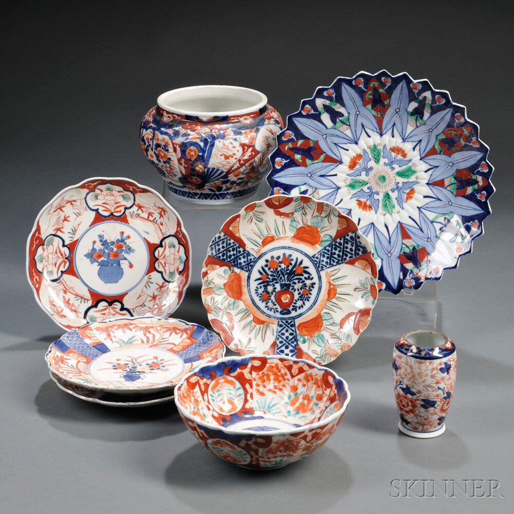 Appraisal: Eight Imari Items Japan including four floriform dishes dia a