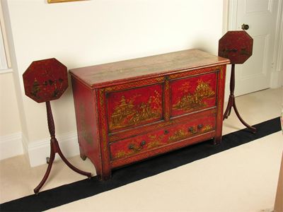 Appraisal: A red japanned pine mule chest decorated all over with