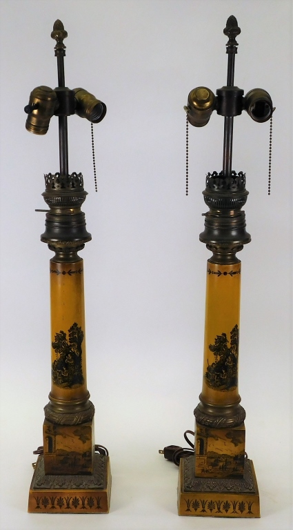 Appraisal: PR FRENCH YELLOW PAINTED TOLE TIN LAMPS France Early th