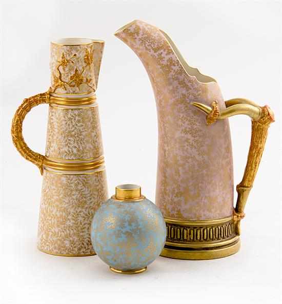 Appraisal: Royal Worcester porcelain pitchers and vase dated tusk-form pitcher with