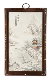 Appraisal: Chinese Porcelain Winter Plaque w Colorful Pagodas Chinese th- st