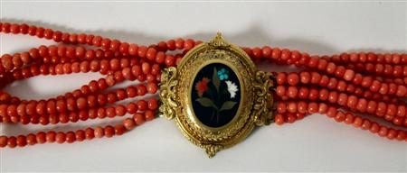 Appraisal: A Victorian coral and pietra dura choker the oval pietra