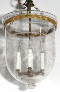 Appraisal: Etched Glass Brass Chandelier The inverted glass dome with cut