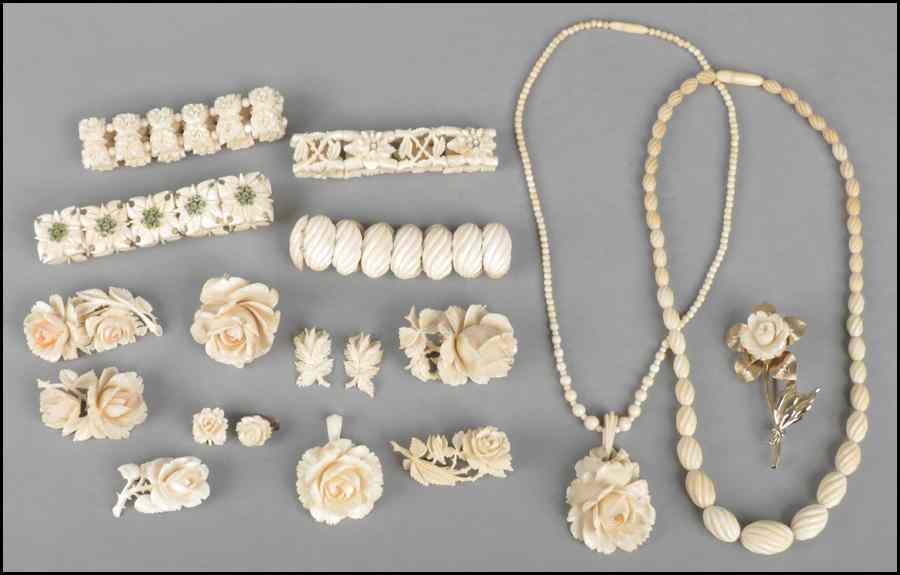 Appraisal: GROUP OF CARVED IVORY AND BONE JEWELRY Comprising necklaces bracelets