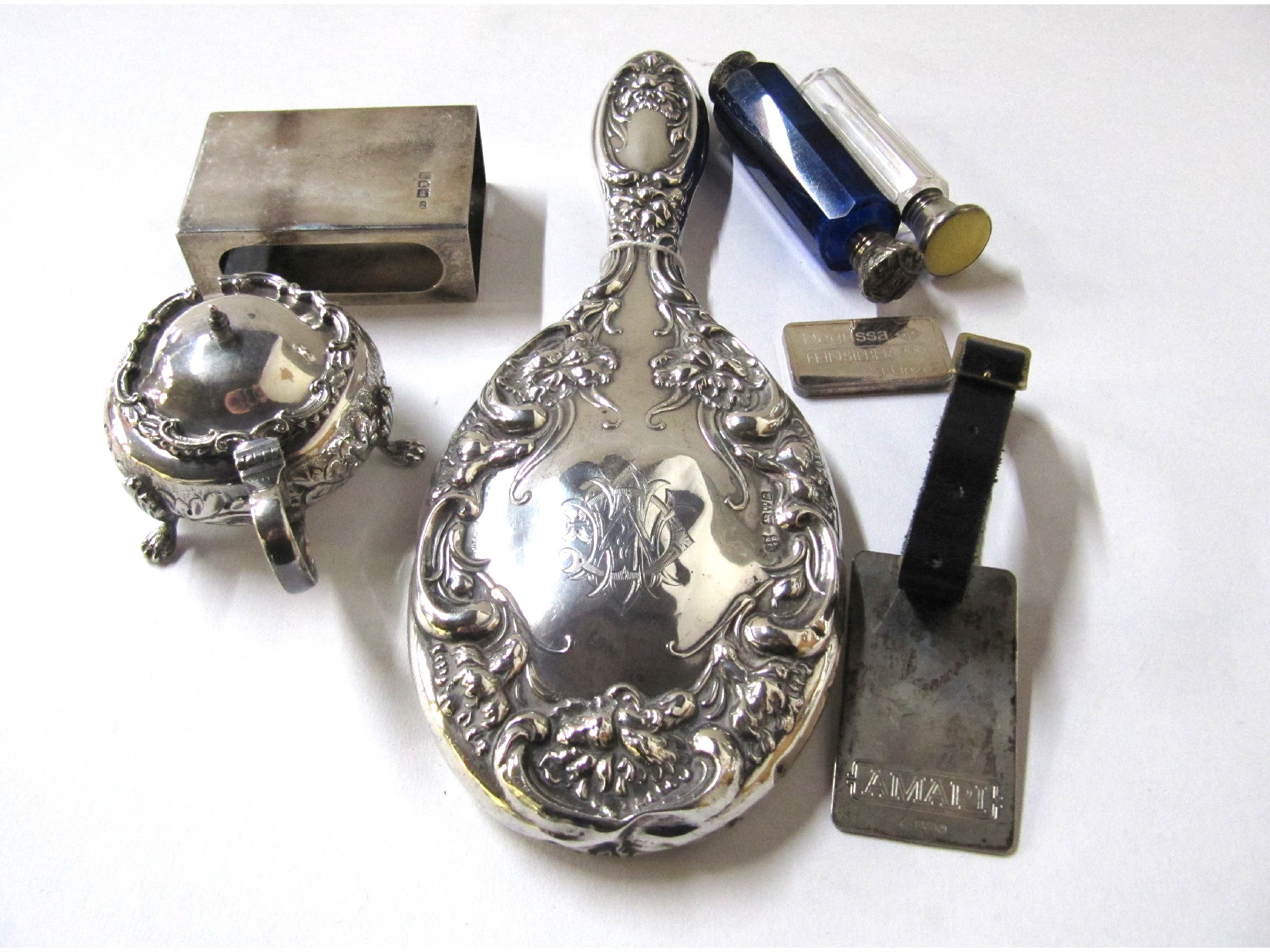 Appraisal: A lot comprising a silver mirror a silver matchbox holder