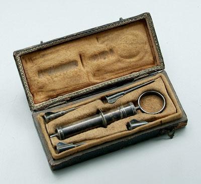 Appraisal: French silver syringe with four threaded nozzles not pointed three