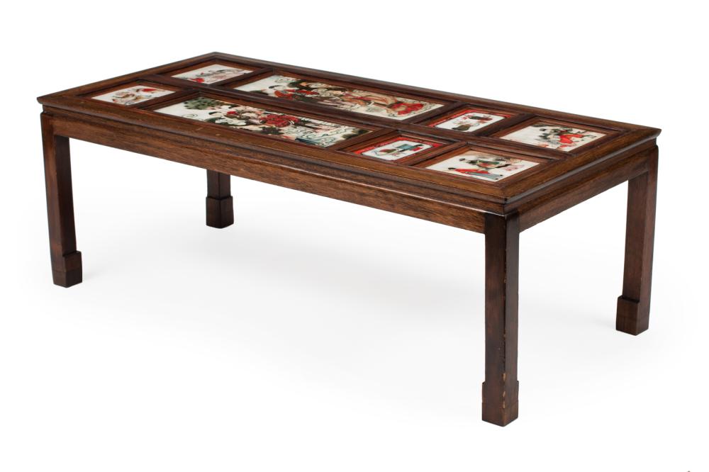 Appraisal: Chinese Polychromed Alabaster-Inset Hardwood Coffee Table waisted rectangular top with