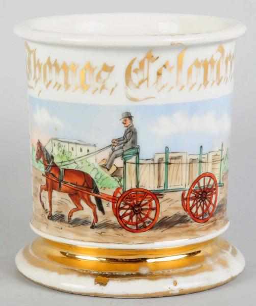 Appraisal: Horse-Drawn Delivery Wagon Shaving Mug Gilt name Thomas Calandrela Nice