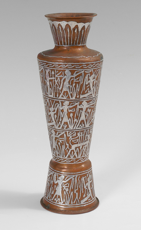 Appraisal: EGYPTIAN SILVER OVERLAY VASE Copper body hieroglyphic silver overlay ''