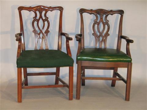 Appraisal: TWO SIMILAR CHIPPENDALE MAHOGANY ARMCHAIRS Green upholstered seats - h