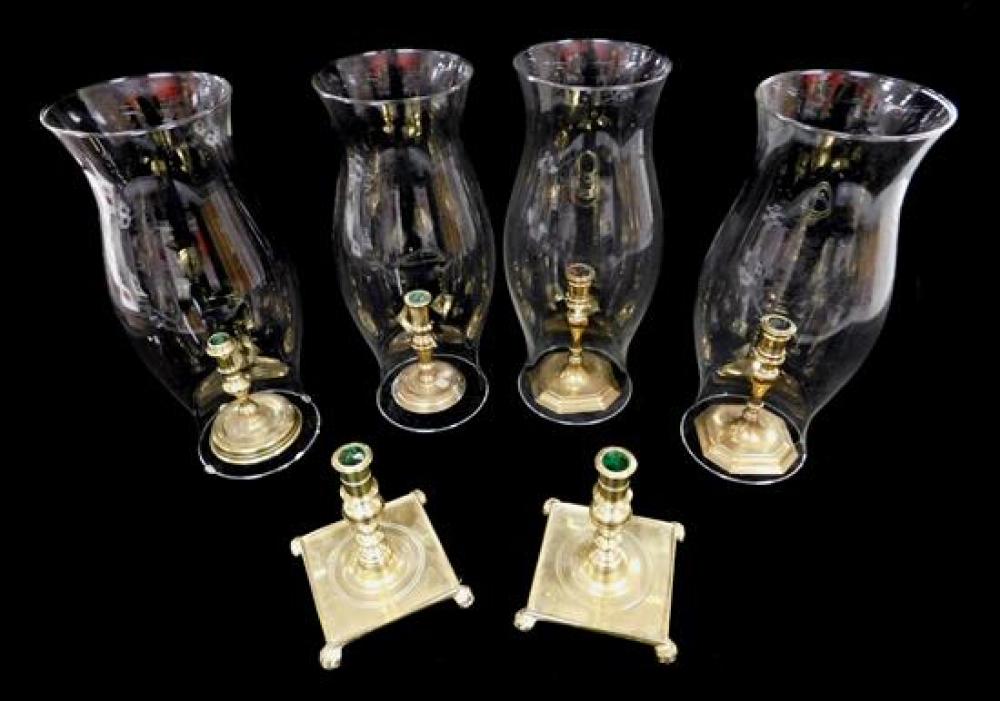 Appraisal: Six brass reproduction candlesticks with four hurricane glasses two pairs