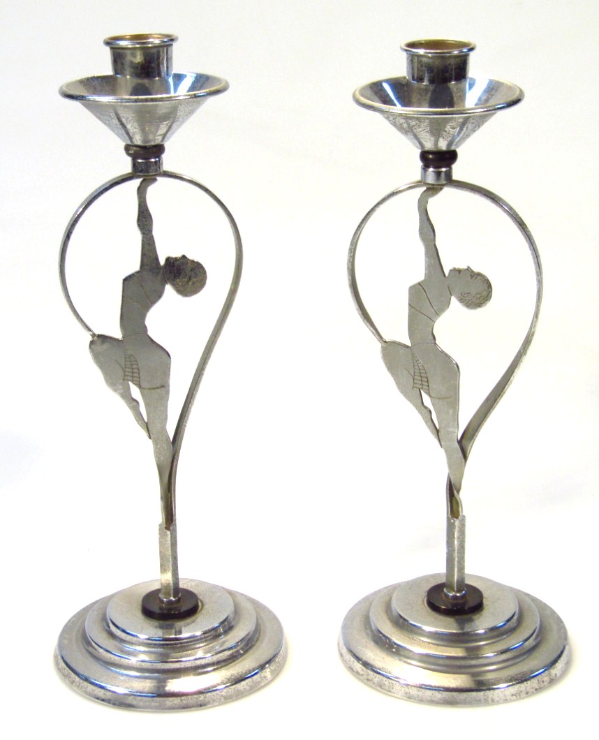 Appraisal: A pair of mid- thC Art Deco chrome plated candlesticks