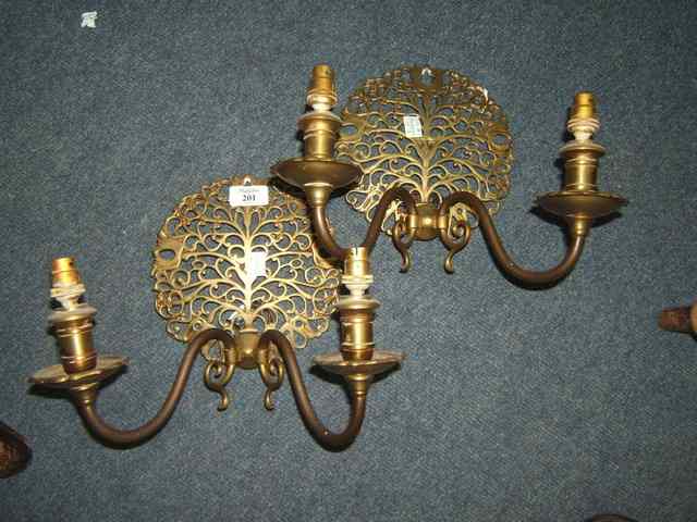 Appraisal: A PAIR OF TH CENTURY STYLE PIERCED BRASS TWO BRANCH