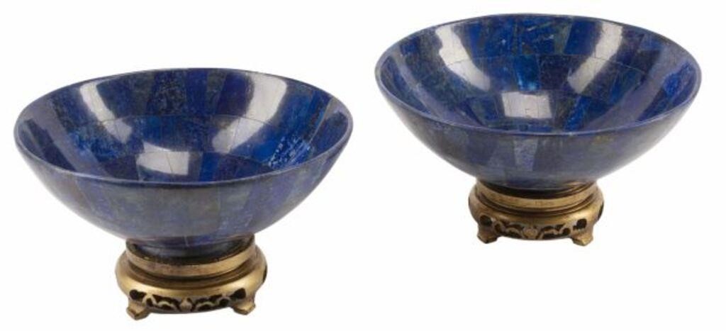 Appraisal: pair Lapis lazuli inlaid bowls on carved giltwood bases approx