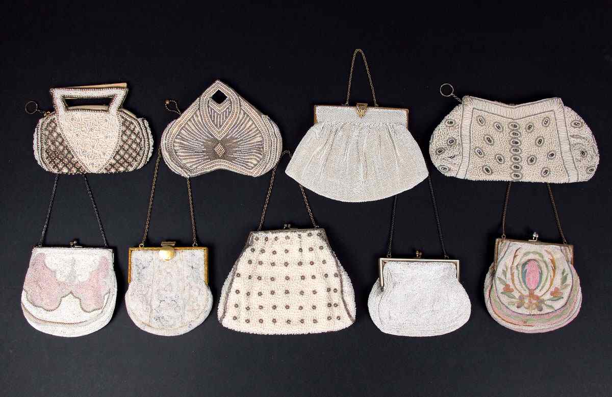 Appraisal: COLLECTION OF VINTAGE WHITE BEADED PURSES Chain handles and clutch