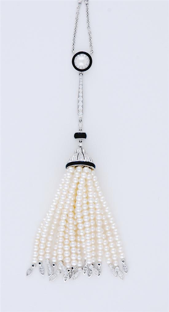 Appraisal: Art Deco style pearl necklace pearl-strung tassel with diamond endings