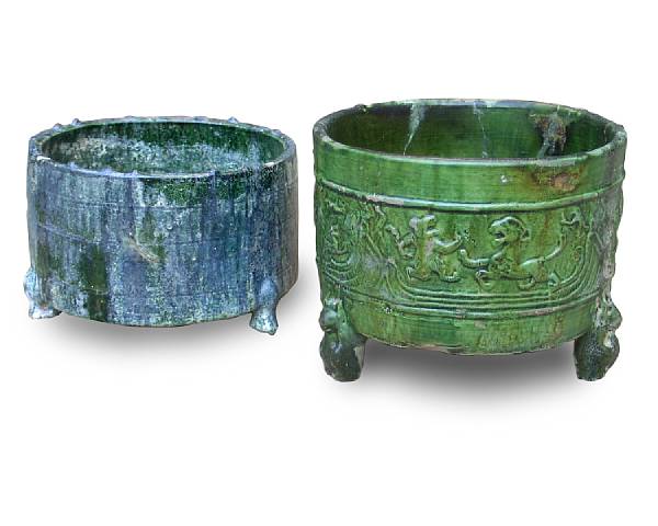 Appraisal: Two Chinese green glazed pottery tripod vessels Han Dynasty The