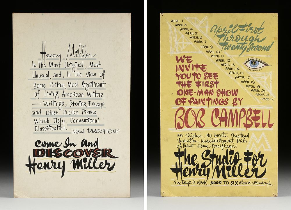 Appraisal: HENRY MILLER American - TWO HAND PAINTED ADVERTISEMENTS We Invite