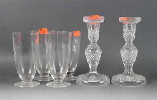 Appraisal: Pair of Waterford cut crystal candlesticks and four Hawks wheat