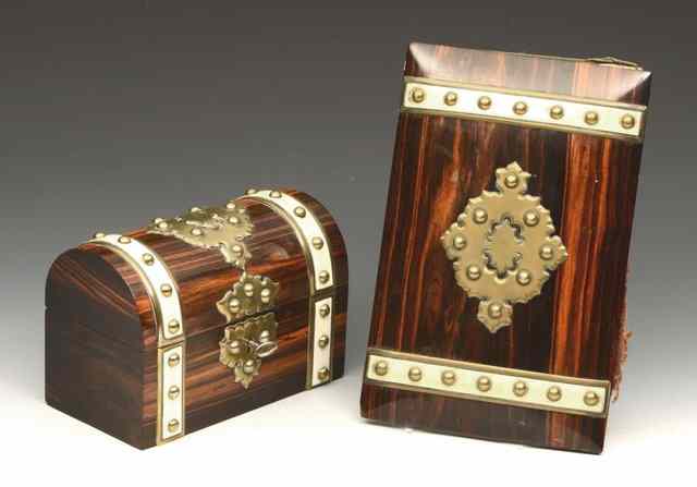 Appraisal: A VICTORIAN COROMANDEL STATIONERY BOX of domed top form applied