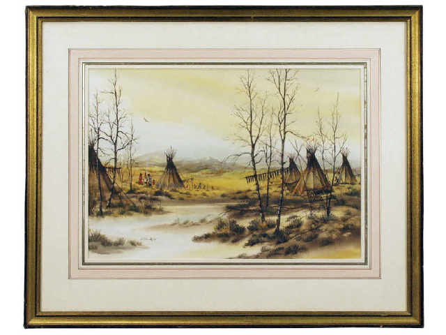 Appraisal: Well accomplished water color painting of Plains Indian encampment during