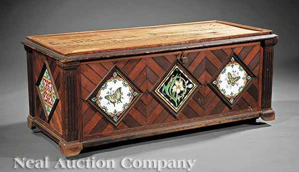 Appraisal: An Aesthetic Pine Walnut and Minton Tile Shipping Trunk late