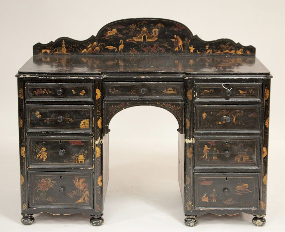 Appraisal: Black Lacquered Kneehole Desk Chinoiserie Decorated th C H x