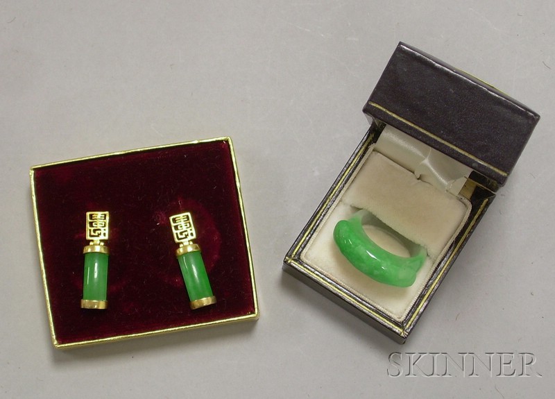 Appraisal: Green Jade Saddle Ring and a Pair of Jade Earrings