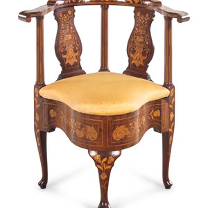 Appraisal: A Dutch Marquetry Corner Chair th Century Height inches