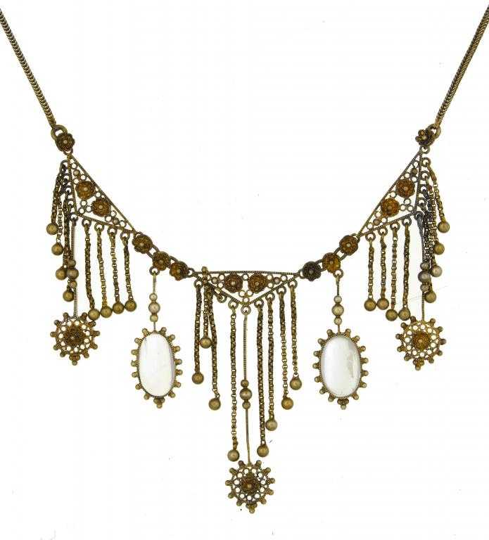 Appraisal: A MOONSTONE AND SILVER GILT FILIGREE FRINGE NECKLET with pair