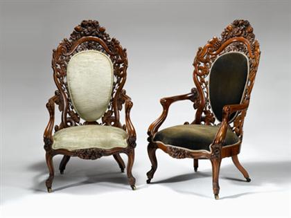 Appraisal: Pair of Rococo revival carved rosewood Fountain Elm armchairs john