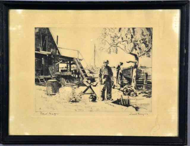 Appraisal: 's Lionel Barrymore EtchingDepicting boat builders at work with water