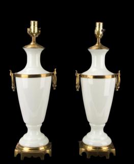 Appraisal: Pair Paul Hansen Opaline Glass Brass Urn Lamps Paul Hansen