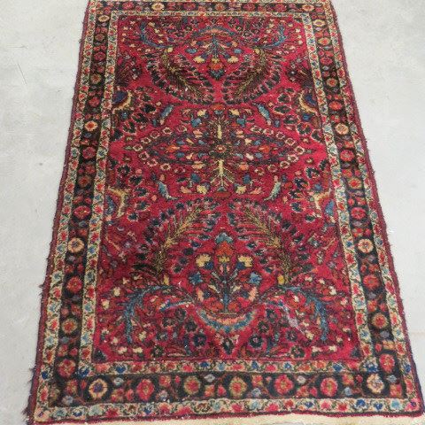 Appraisal: Sarouk Persian Handmade Mat 's fancy florals on red field