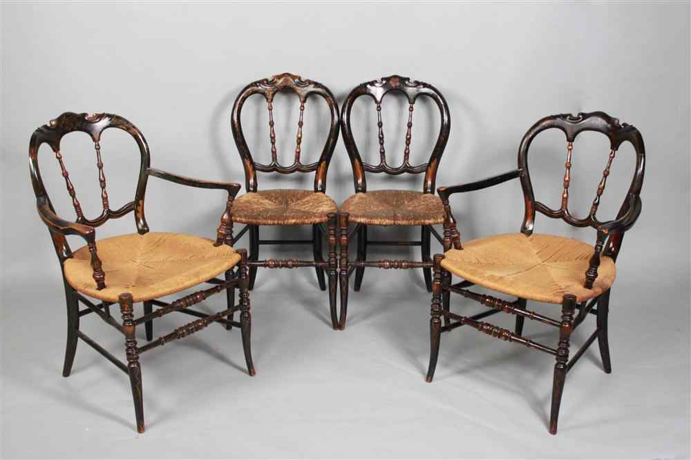 Appraisal: FOUR REGENCY EBONIZED AND GILT PAINTED SIDE CHAIRS WITH RUSH